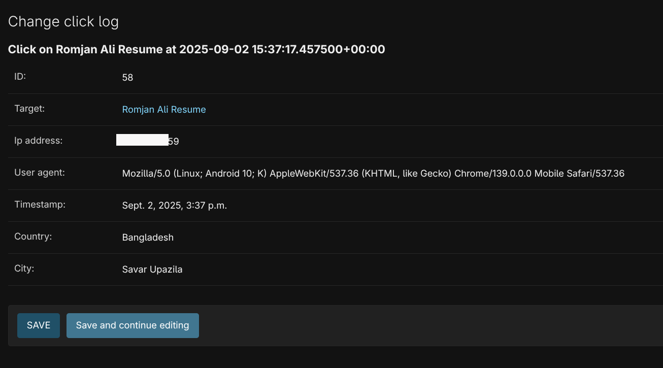 Detailed view of a click with geolocation data.